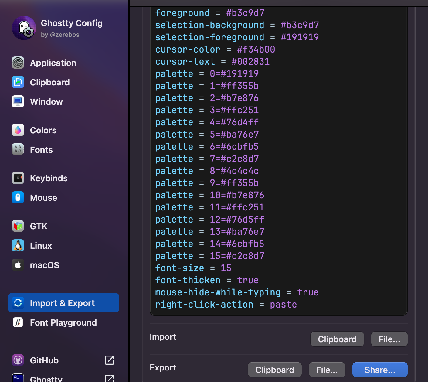 ghostty settings export